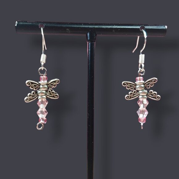 Silver-Toned Dragonfly Dangle Earrings with Pink Crystal Beads - Picture 6 of 11
